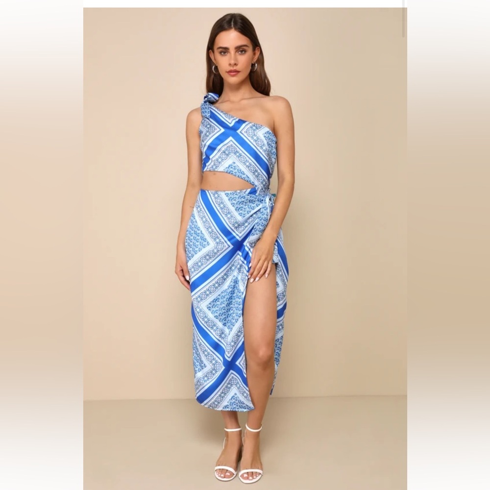 Lulus Vacay Beauty Blue Scarf Print One-shoulder Tie-strap Midi Dress - Size S